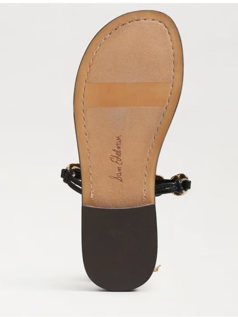 Sam Edelman Black Leather T-Strap Gladiator Sandals with Gold Discs - Picture 11 of 12